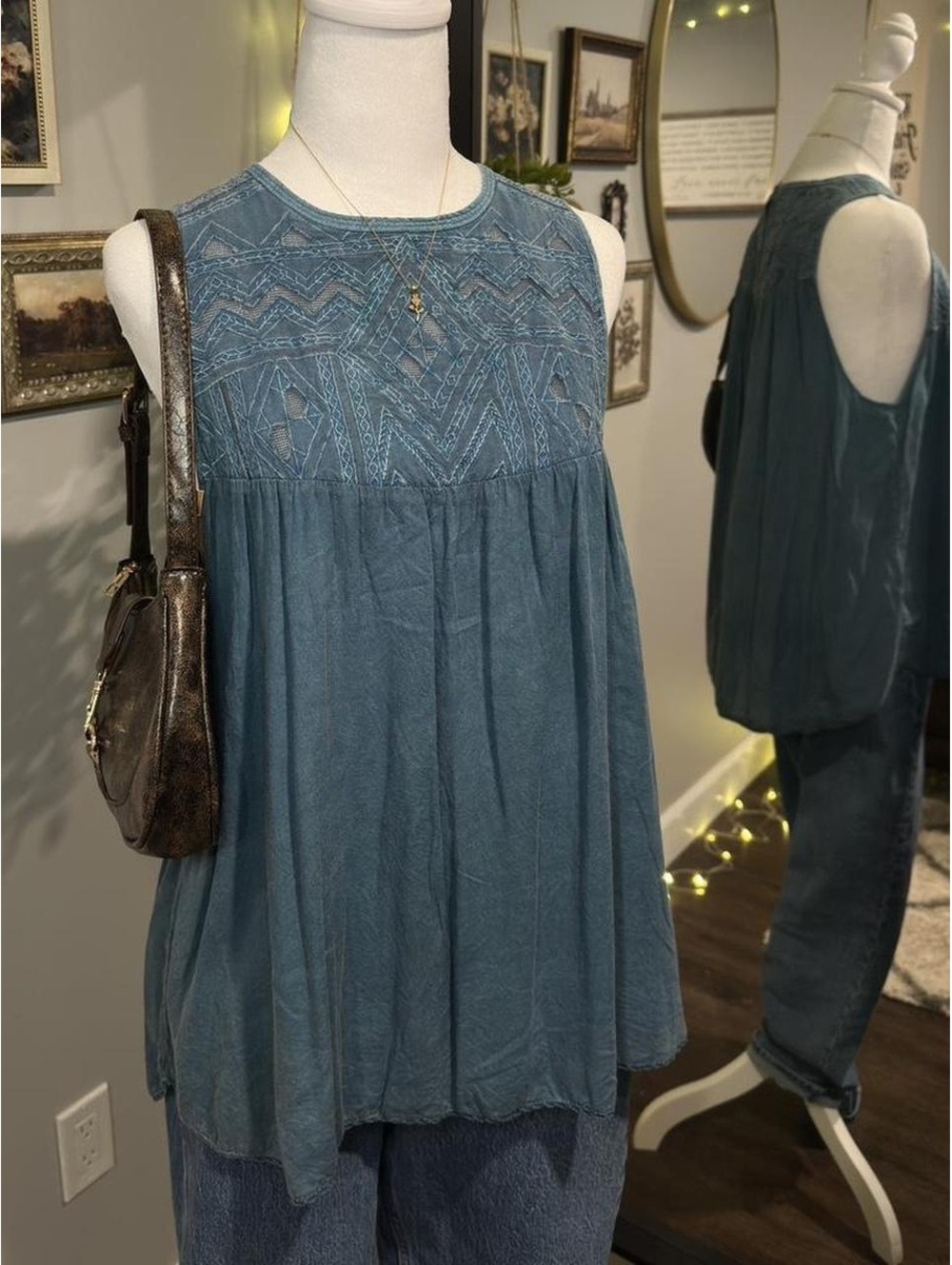 Wilfred Teal Embroidered Babydoll Tank Top 🦋